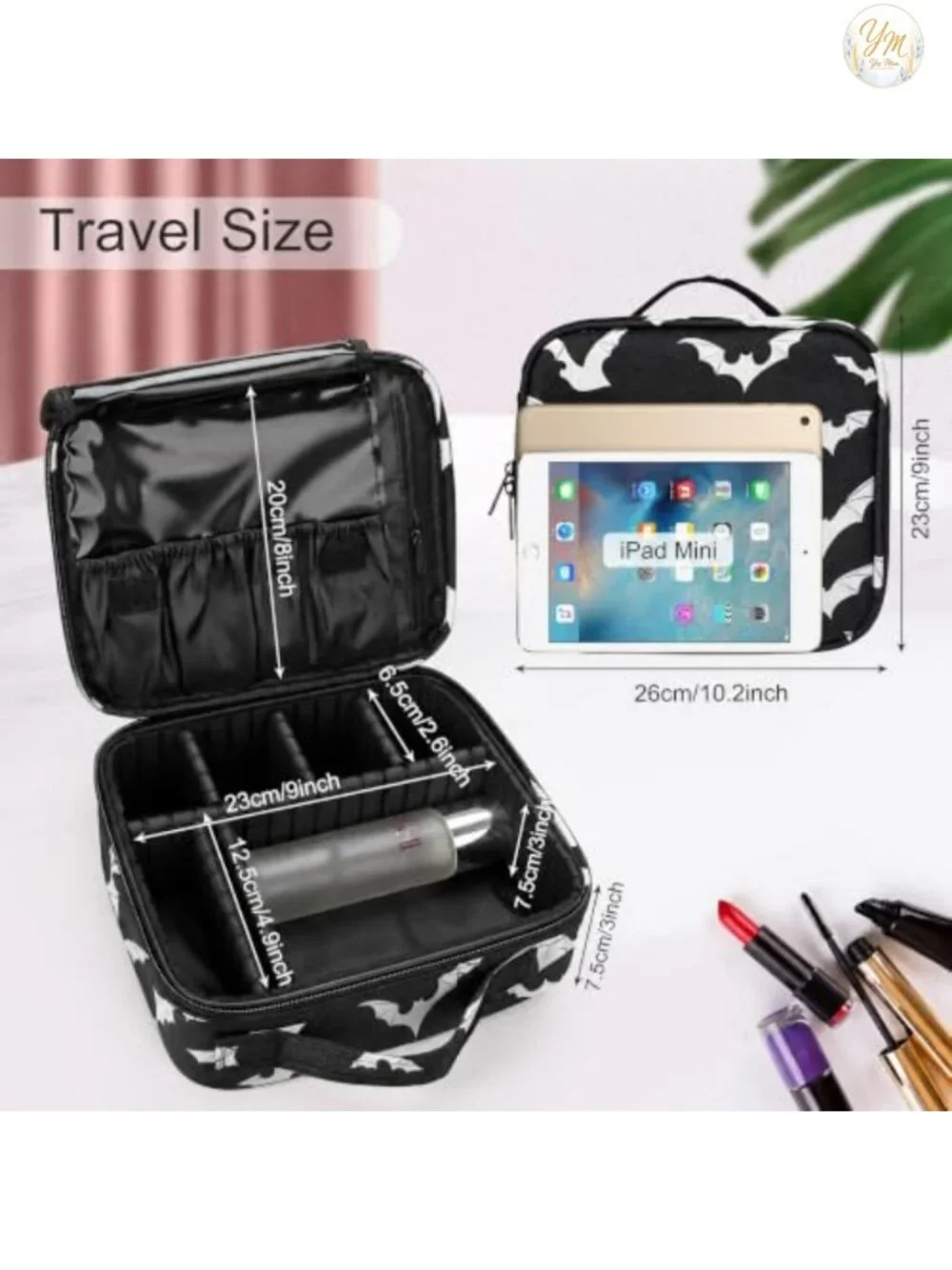 Gothic Makeup Bag Organizer with Bat Design, Adjustable Dividers, Waterproof